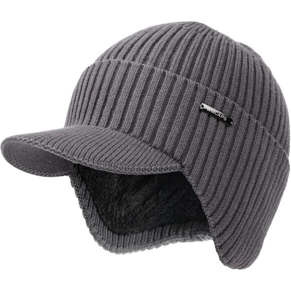 Men & Women Charcoal Gray Beanie with Brim and Ear Flaps Fleece-Lined Hat main image 2